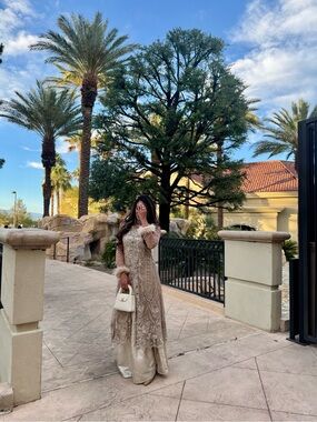 Embellished Beige Formal Gown with Fur Trim